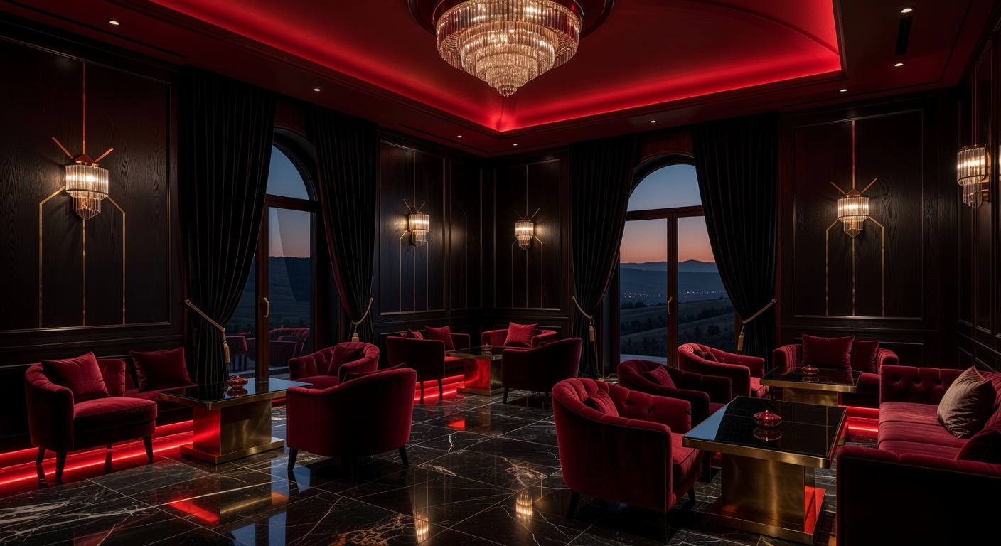 Joviraspot luxury dark interior with royal red ambient lighting